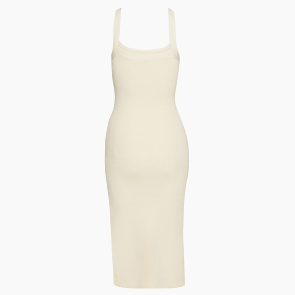 New Babaton Chase Ribbed Stretch Cream Midi Bodycon Knit Dress with Side Slit - Picture 6 of 13